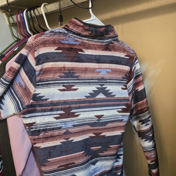 Wallflower Womens's Zip Up Sweater - Magenta, Blue, White Pattern - Picture 2 of 3